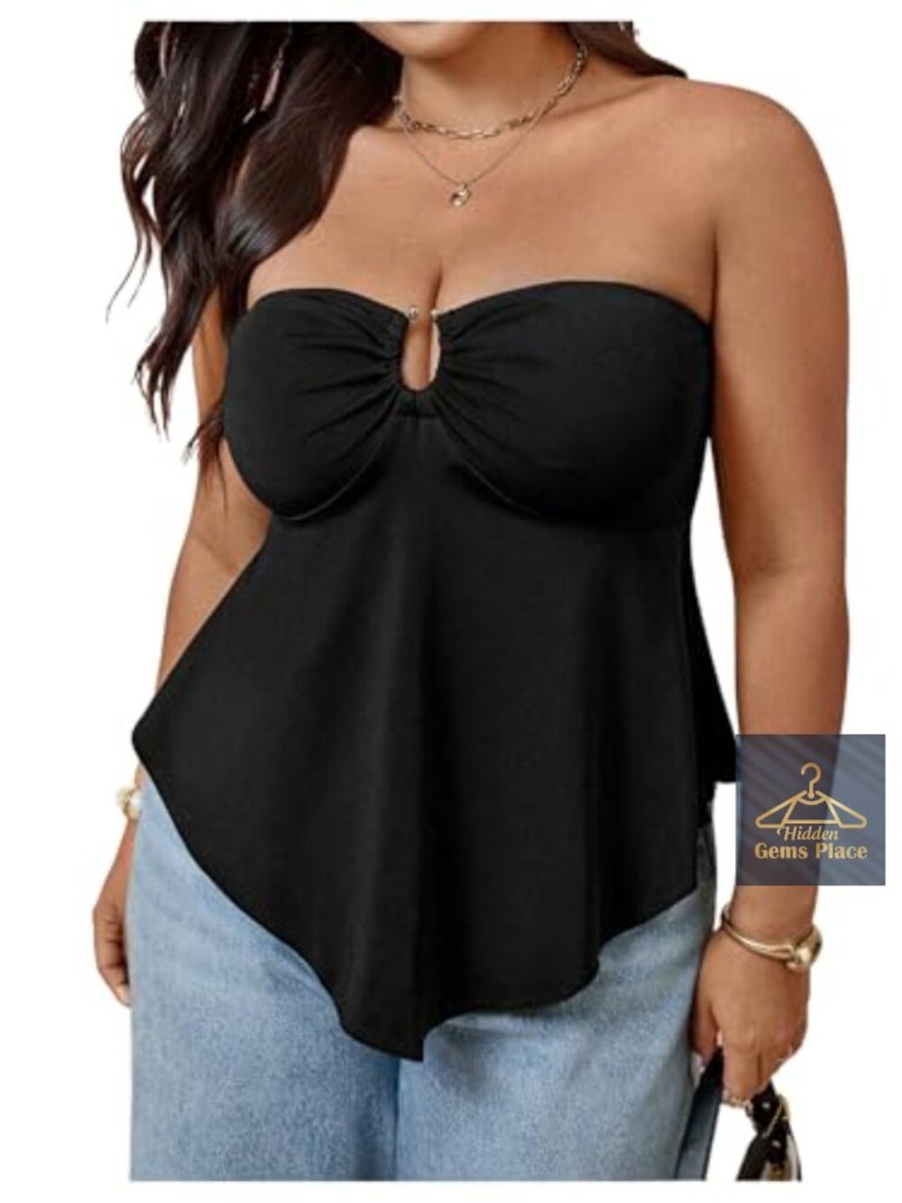 Plus Size Strapless Peplum Top Ring Linked Sleeveless Ruffle Tube Top